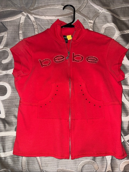bebe Tops - bebe Red Short Sleeve Zip-Up Top with Embellished Logo
